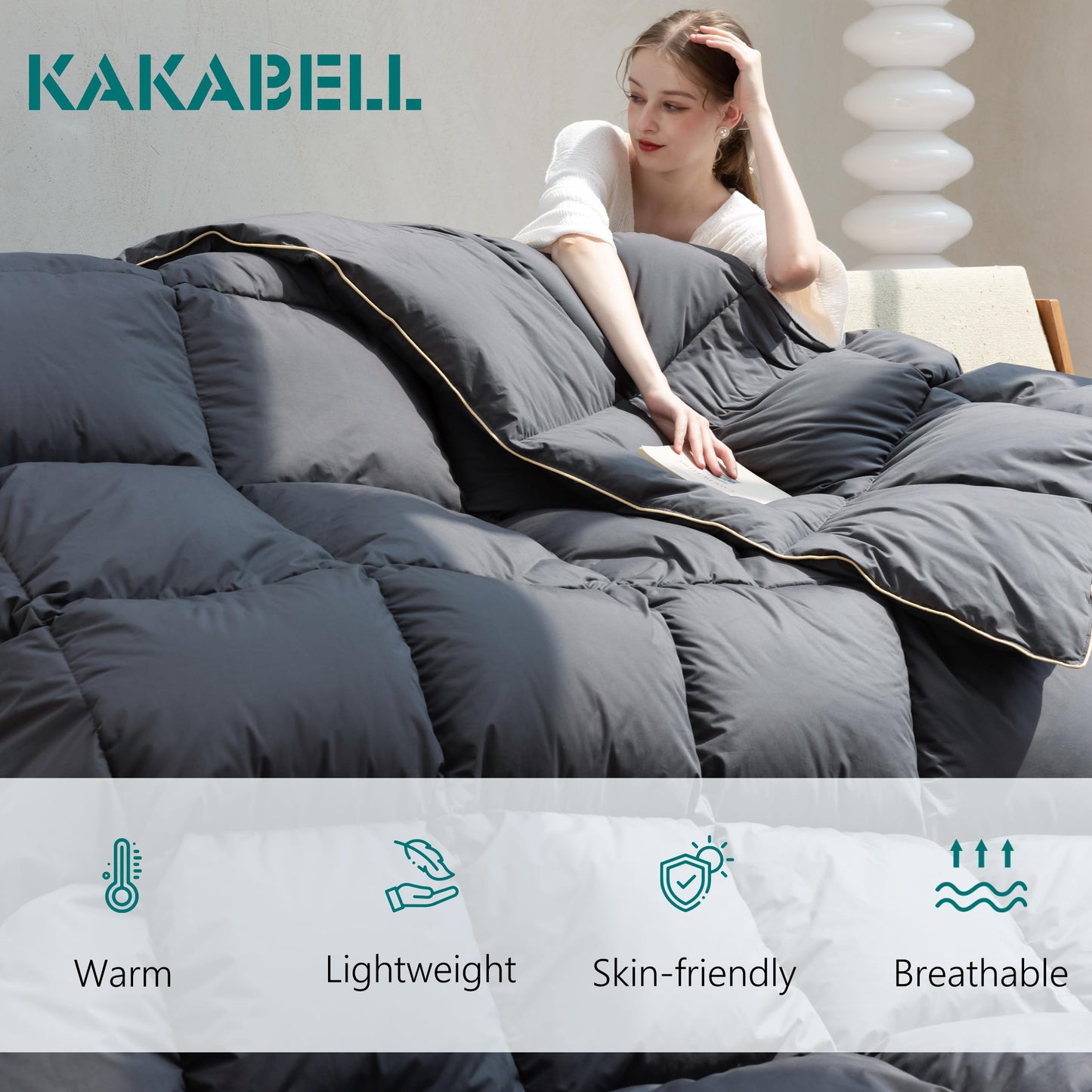 KAKABELL Goose Down Feathers Fiber Comforter Queen Size Noiseless Duvet Insert with Premium Egyptian Cotton Blend Cover Medium Warm Soft Down Feathers Comforter 90x90 Inches