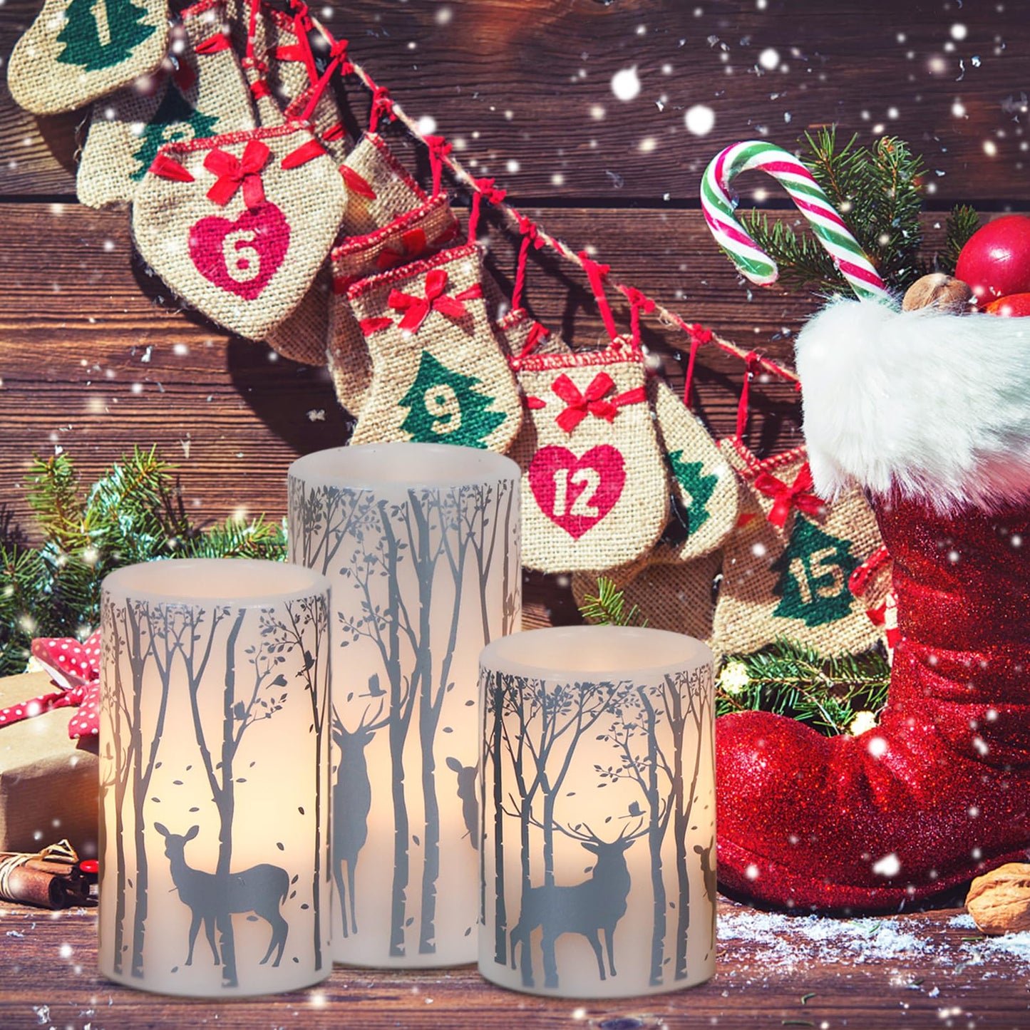 DRomance Silver Deer Flameless Flickering Candles Battery Operated with 6H Timer, 3 Pack Real Wax Warm Light LED Pillar Candles Dinner Tabletop Holiday Centerpiece Decor 3" x 6"