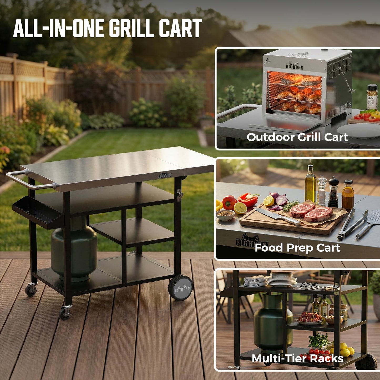 BIG HORN OUTDOORS Grill Cart, Stainless Steel Outdoor Grill Table for Infrared Grill, Pizza Oven Stand Compatible with Big Horn, Ninja, Ooni Pizza Ovens, Outdoor Cooking Table with Wheels & Storage