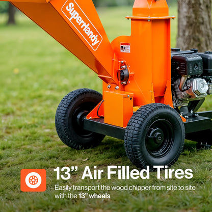 SuperHandy Towable Wood Chipper – 4 in. Chipping Capacity, 15HP Gas Engine, 13 in. Wheels, Electric Start, Trailer-Ready with 2 in. Coupler
