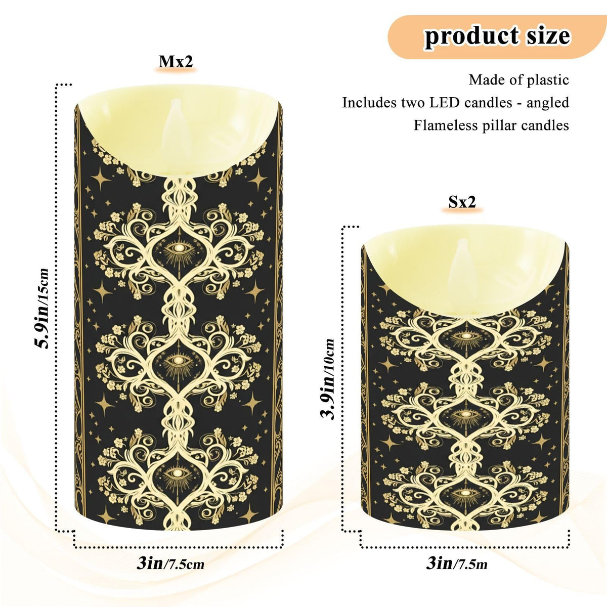 Gravopti Occult Baroque 2 Pack Flameless LED Pillar Candles with Remote & Timer, Battery Operated, Flickering Wax Candle for Wedding, Romantic Home & Party Decor