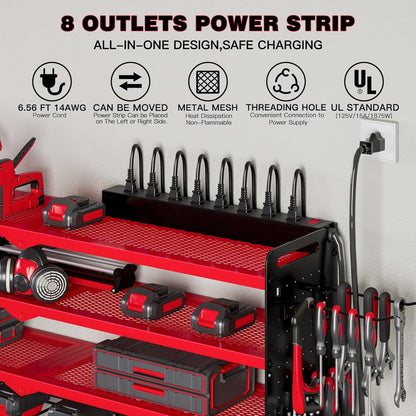 NattyDot Power Tool Organizer - Wall Mount Charging Station with 8 Drill Holders | 4-Layer Garage Storage Rack (Red)