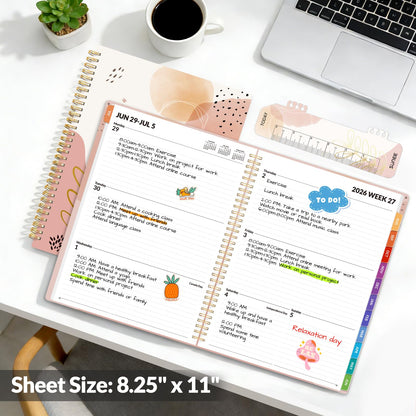 SUNEE Academic Planner 2026-2027 – Weekly & Monthly Planner, July 2026 to June 2027, 8.5"x11", Thick Paper, Tabs, Pockets, Bookmark, Spiral-Bound, Student Teacher Organizer, Blushing Abstract Breeze