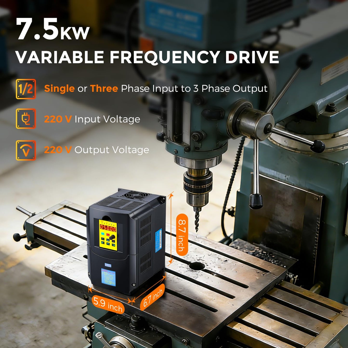 Bonvoisin 7.5KW/10HP VFD Variable Frequency Drive 32A 220V Single/Three Phase Input to 3 Phase 0-400 Hz Output for AC Motor Speed Control
