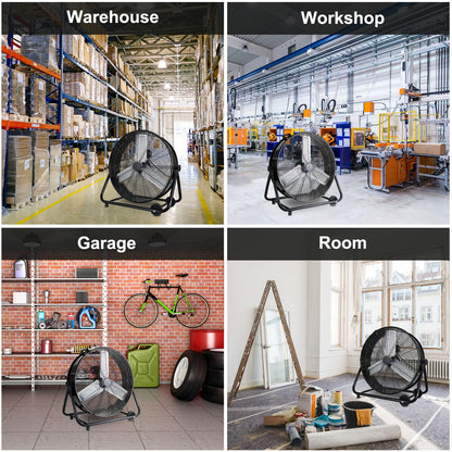 WARMLREC 24" Industrial Floor Fan, 8900 CFM High Velocity Drum Fan with 3 Speeds, Portable Heavy Duty Industrial Fan for Warehouse, Workshop, Factory, Commercial, Residential and Greenhouse Black