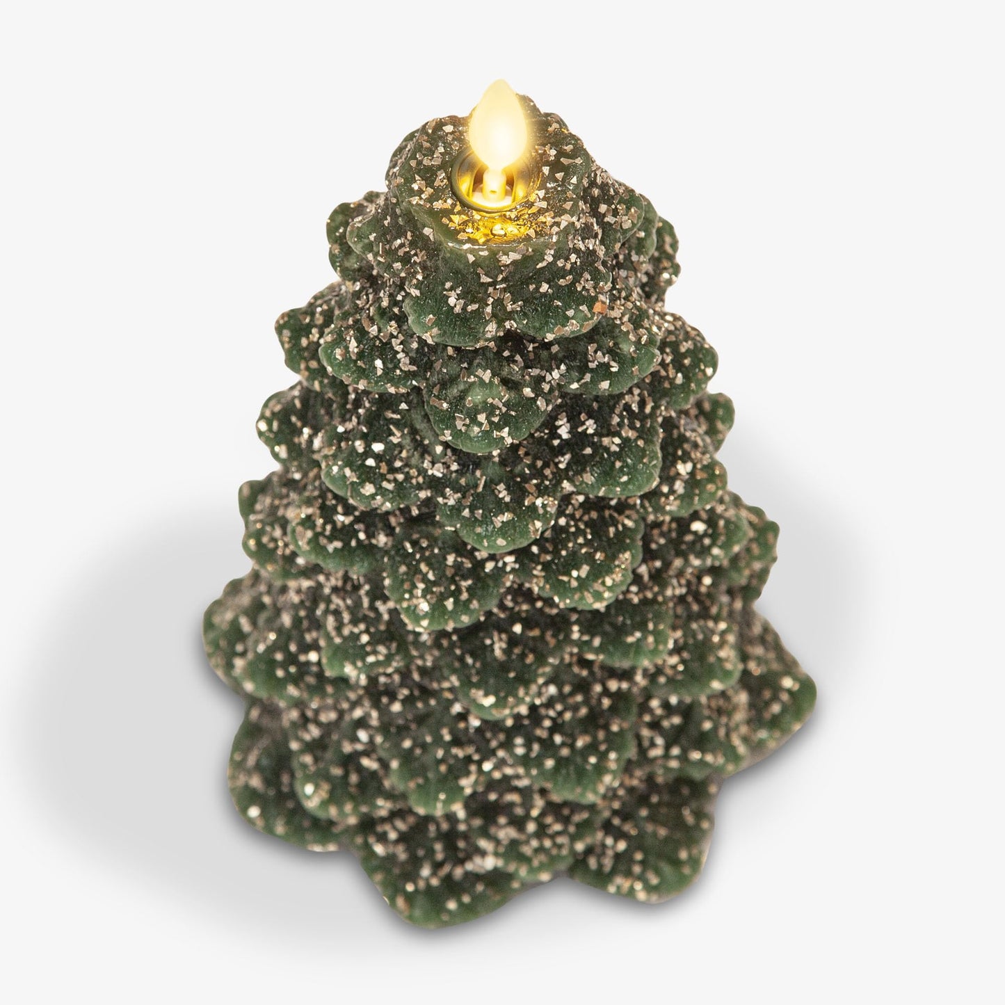 Luminara Christmas Tree Flameless LED Candle, Dark Green 5.35" x 8.5", Moving Flame Battery Operated Timer, Holiday Decor, Glitter Snow Finish Safe