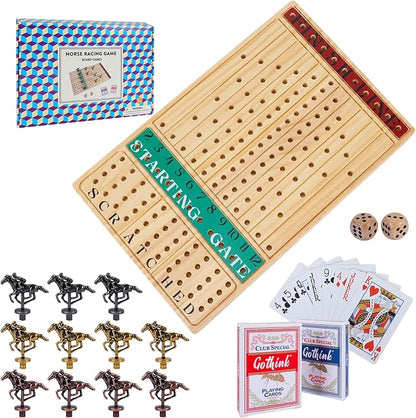 Horse Race Board Game – Thickened Wooden Chessboard with 11 Metal Horses 2 Dice &amp 2 Card Decks Family-Friendly Horse Racing Game for Kids Adults Friends &amp Strategy Game Nights