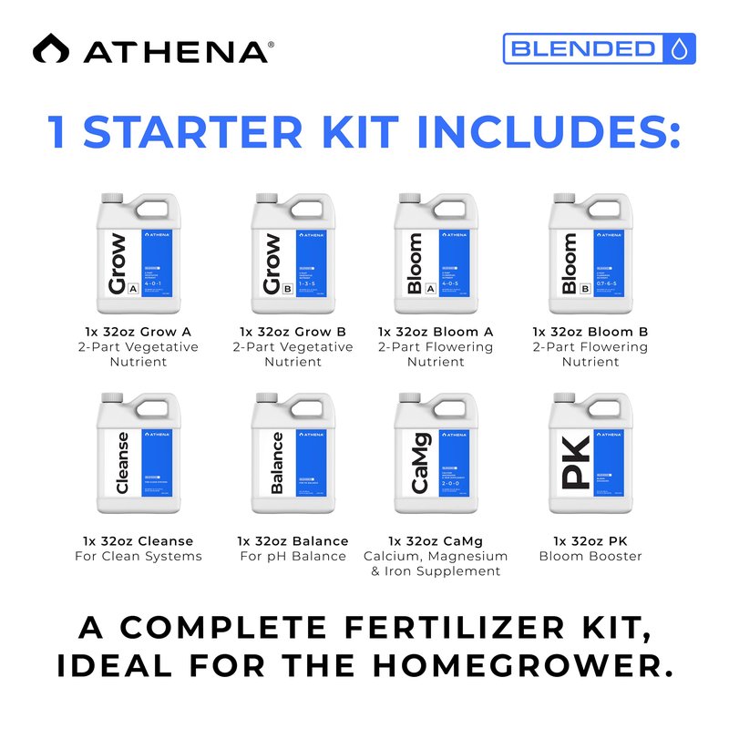 Athena Blended Line Nutrients Starter Kit | Complete 8-Part Nutrient and Fertilizer Solution (Grow A&B, Bloom A&B, PK, Cleanse, Balance, CaMg) for Home Growers – 32oz Bottles