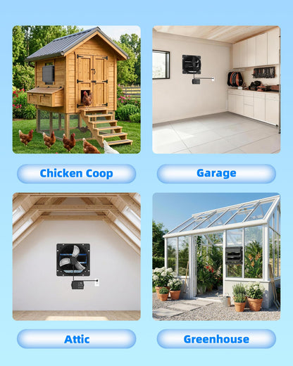 Windigaga 10'' Upgraded Shutter Exhaust Fan with Thermostat & Remote, 890 CFM Wall Mounted Attic Exhaust Fan, Auto On/Off by Temperature for Garage, Greenhouses, Sheds, Chicken Coops & Basement