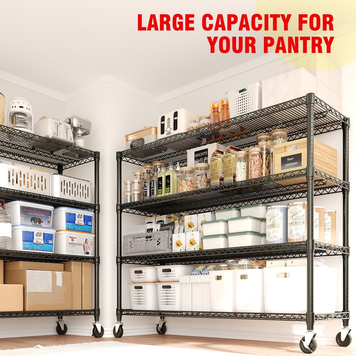 59"W Storage Shelves 2640LBS Heavy Duty Garage Shelving Units with Wheels, 4-Tiers Wire Shelving Rack Metal Storage Shelves with Adjustable Shelf, for Garage Pantry Kitchen Commercial Industrial