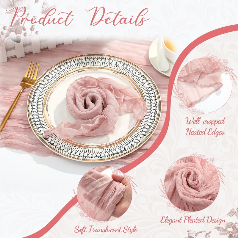 Windkream 2 Cheesecloth Table Runners and 24 Napkins Set, 10Ft Boho Cheese Cloth Table Runners 20 x 20 Inch Rustic Wrinkled Gauze Napkins for Wedding Birthday Baby Shower Party Decor (Dusty Pink)