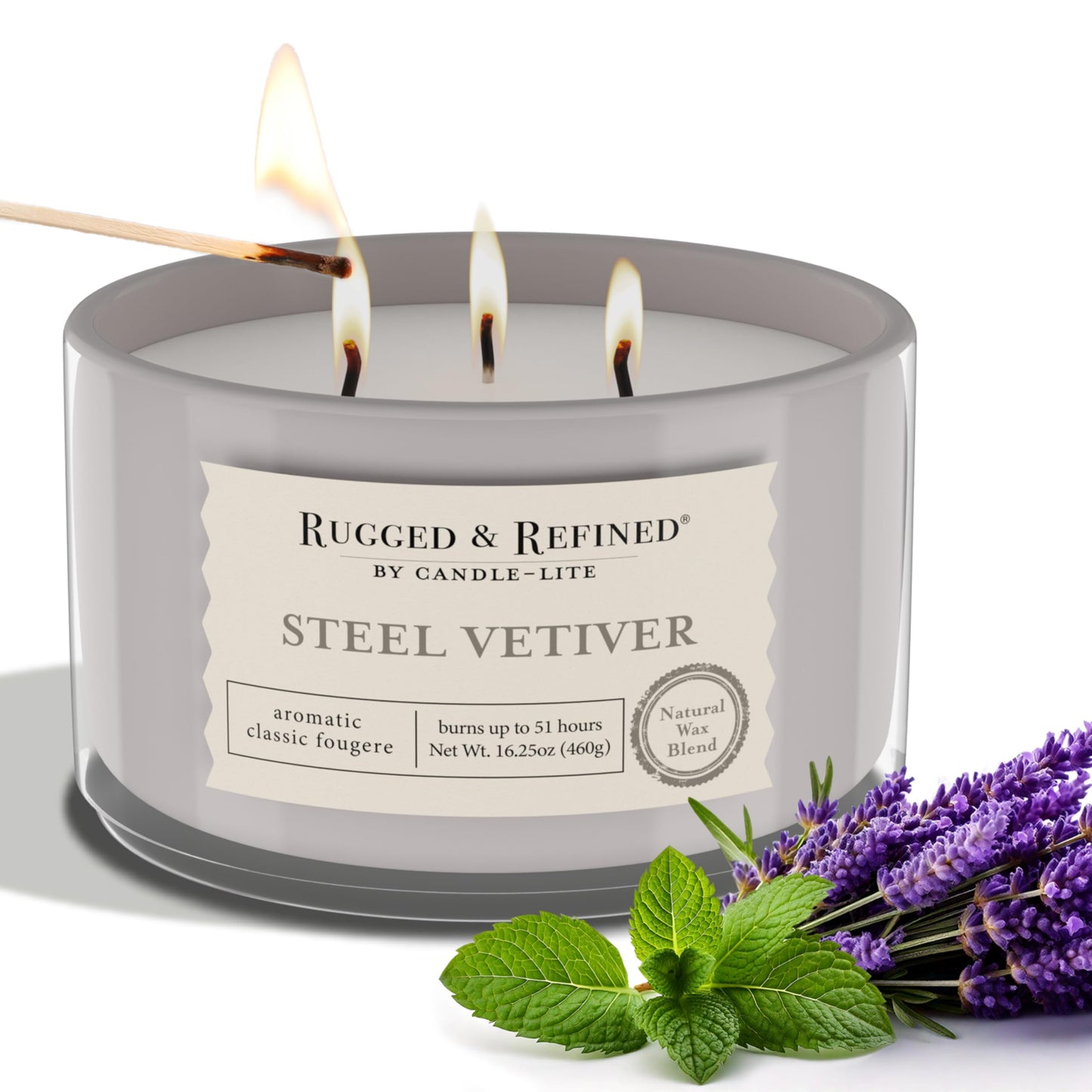 Candle-Lite Scented Candles for Men, Steel Vetiver Fragrance, 16.25 oz Jar, 3-Wick, 51 Hours of Burn Time, Masculine Aromatherapy with Long Lasting Scent, Ideal Gift for Father's Day and Home Decor