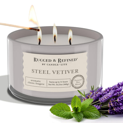 Candle-Lite Scented Candles for Men, Steel Vetiver Fragrance, 16.25 oz Jar, 3-Wick, 51 Hours of Burn Time, Masculine Aromatherapy with Long Lasting Scent, Ideal Gift for Father's Day and Home Decor