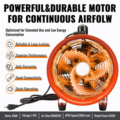 dreamdragon Upgraded 12-Inch Utility Blower Fan，Portable Industrial Exhaust Fan with 33ft Flexible Duct Hose，3300 RPM Low-Noise Ventilator for Workshops Warehouses and Basements