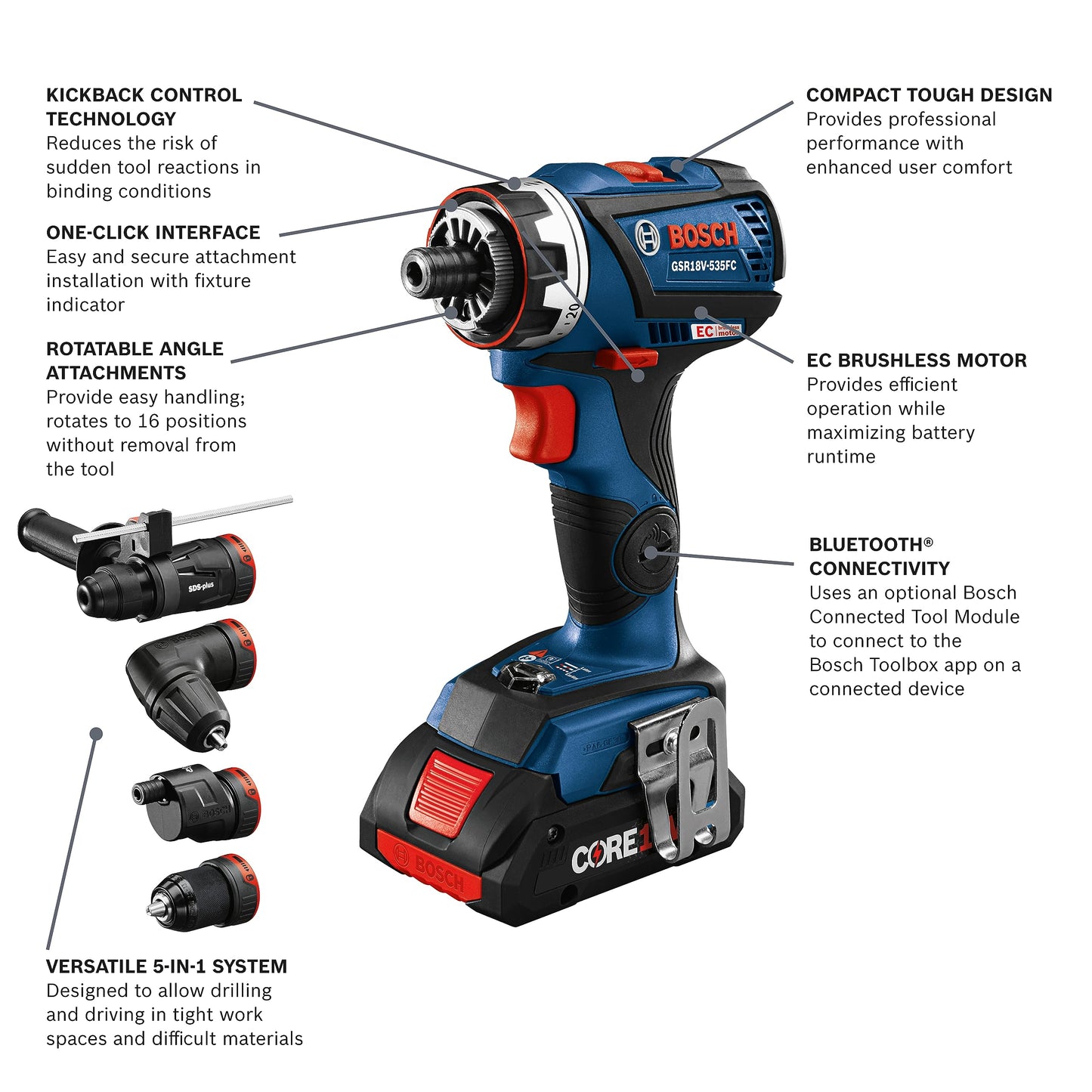 BOSCH GXL18V-270B22 18V Brushless 2 Tool Combo Kit with 5-in-1 Flexiclick Cordless Drill Driver and StarlockPlus Oscillating Multi Tool (Tool Set Includes: CORE18V Battery, Charger & Attachments)