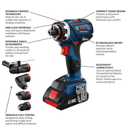 BOSCH GXL18V-270B22 18V Brushless 2 Tool Combo Kit with 5-in-1 Flexiclick Cordless Drill Driver and StarlockPlus Oscillating Multi Tool (Tool Set Includes: CORE18V Battery, Charger & Attachments)