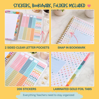 Undated Teacher Planner 8.5 x 11-12 Months & 52 Weeks | Colorful Bookstore Cover | Monthly & Weekly Lesson Plan Book with Stickers, Storage Pocket & Snap-In Bookmark | Classroom Organizer