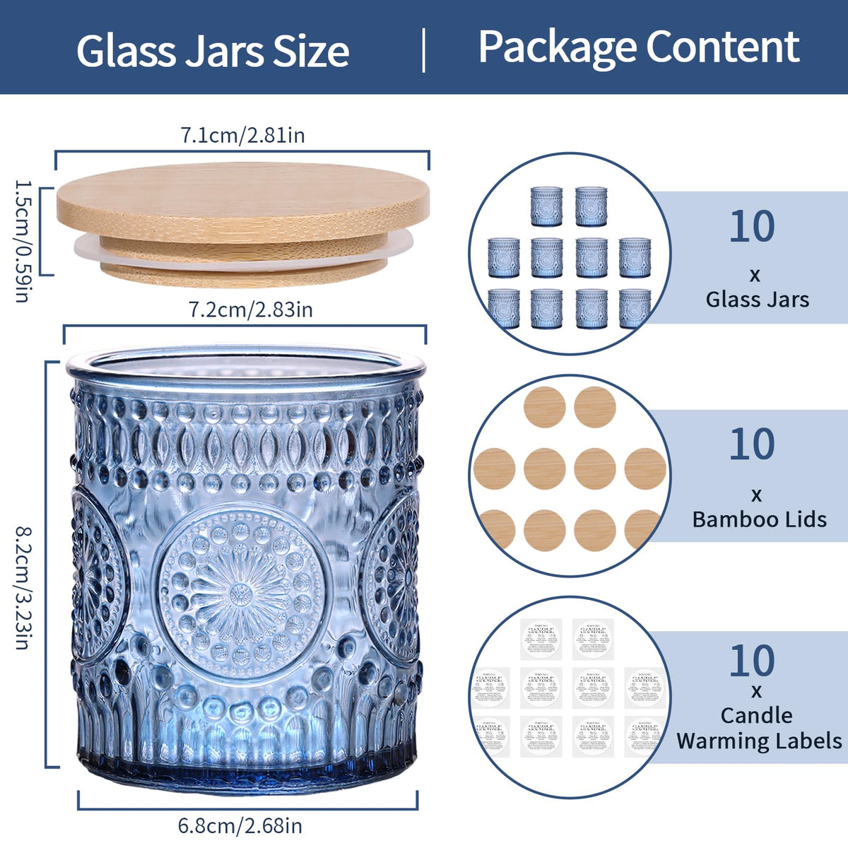 DARJEN 10 Pack Blue Candle Jars for Making Candles- 7.5 OZ Empty Glass Candle Making Jars with Bamboo Lids and Labels, Candle Making Supplies Candle Containers for DIY Gifts