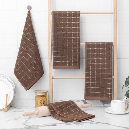 Homaxy 100% Cotton Terry Kitchen Towels(Brown, 13 x 28 inches), Checkered Designed, Soft and Super Absorbent Dish Towels, 6 Pack