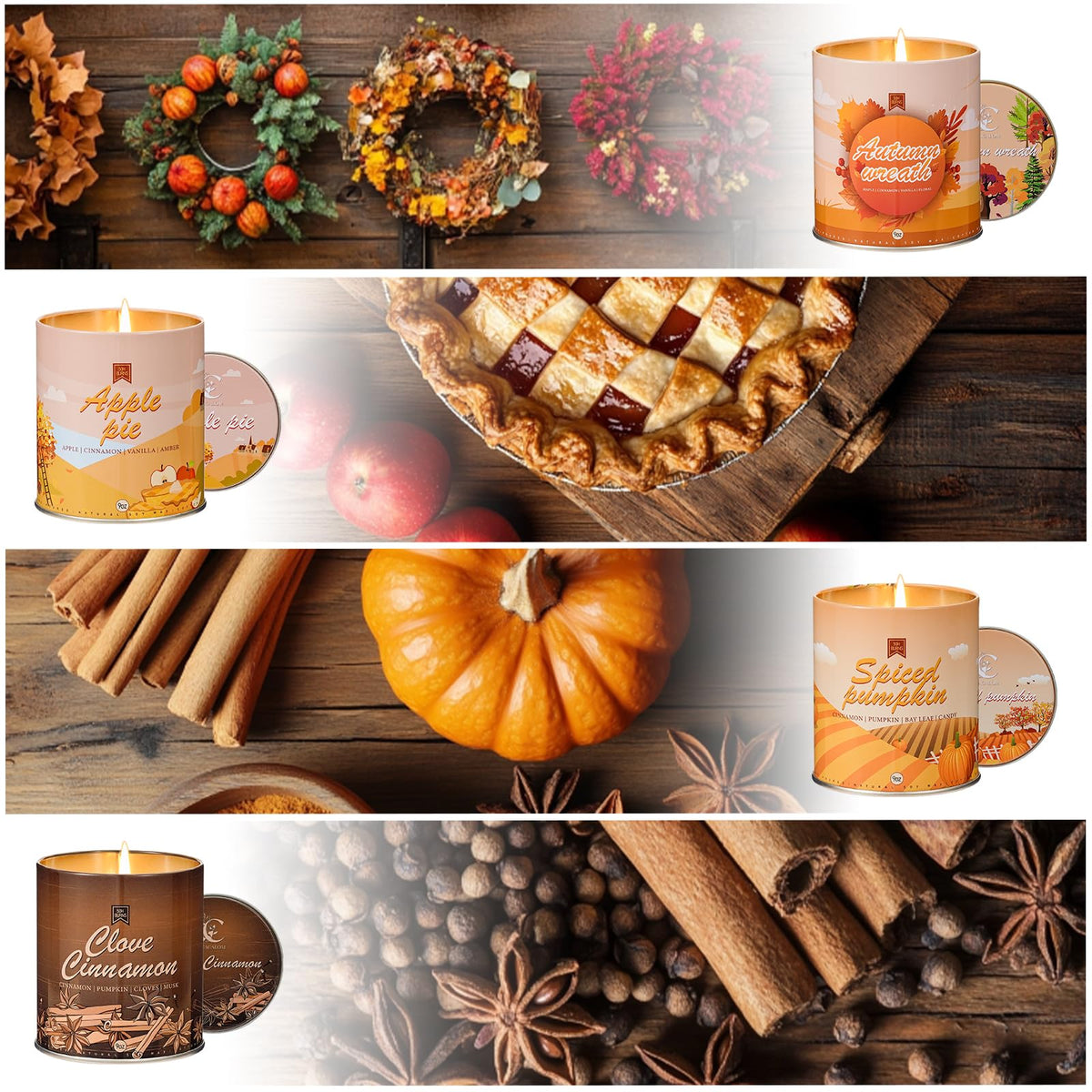 Scented Candle Set, 4Pack Aromatherapy Soy Wax Candles Valentine's Day Gift for Her Him, Holiday Candles for Women Men (Apple/Wreath/Cinnamon/Pumpkin