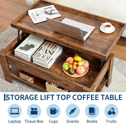 Lift Top Coffee Table with Hidden Storage, Modern Rising Tabletop Desk for Small Spaces, Wood Center Table with Large Compartment and Shelf for Living Room Apartment Dorm