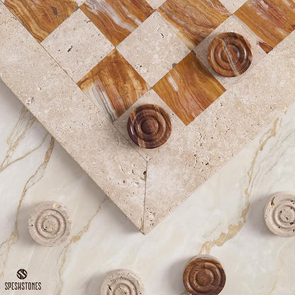 Marble Checkers Set 15 Inch Handmade Travertine &amp Brown Checkers Board Game with Checker Pieces - Board Games for Adults Game Table Accessories Gifts &amp Home Décor