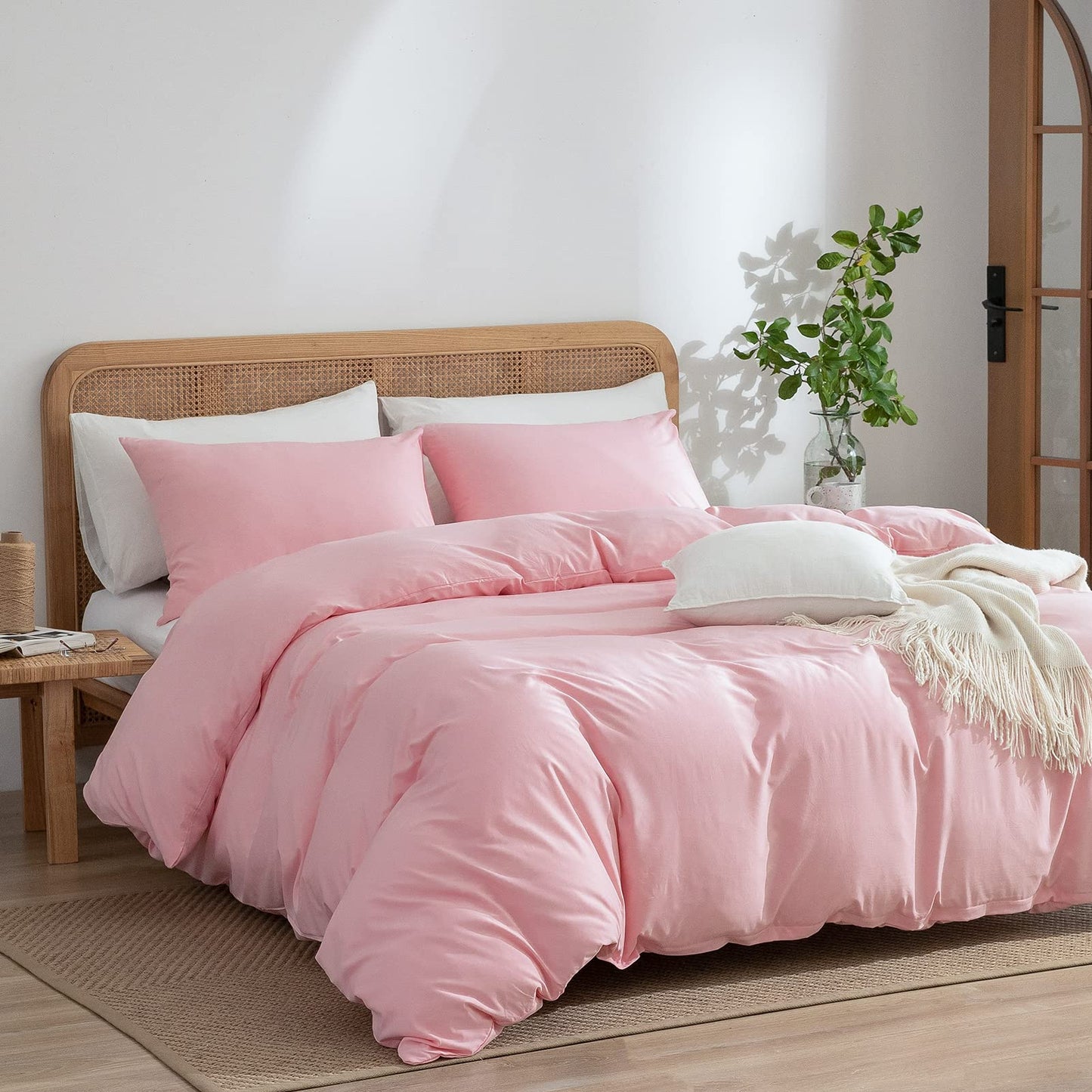 Pink Duvet Cover Twin, 100% Washed Microfiber 3-Piece Solid Color Casual Bedding Set for Boys & Girls, Zipper Closure, Luxury Ultra Soft Comfort (Twin)