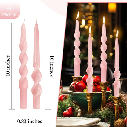 Spiral Candle Pink 10 Inch Tall Taper Candle 4 PCS Unscented Candles Sticks Smokeless Tapered Candles for Home Party Wedding Decoration Valentine's Day Anniversary & All Special Occasions