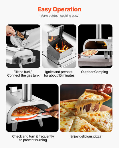 VEVOR Dual Fuel Pizza Oven Outdoor, 12 Inch Wood Fire & Propane Gas Pizza Oven, Pellet & Propane Pizza-Maker with Thermometer, Carry Bag, Stainless Steel Pizza-Cook for Outside Camping & Backyard