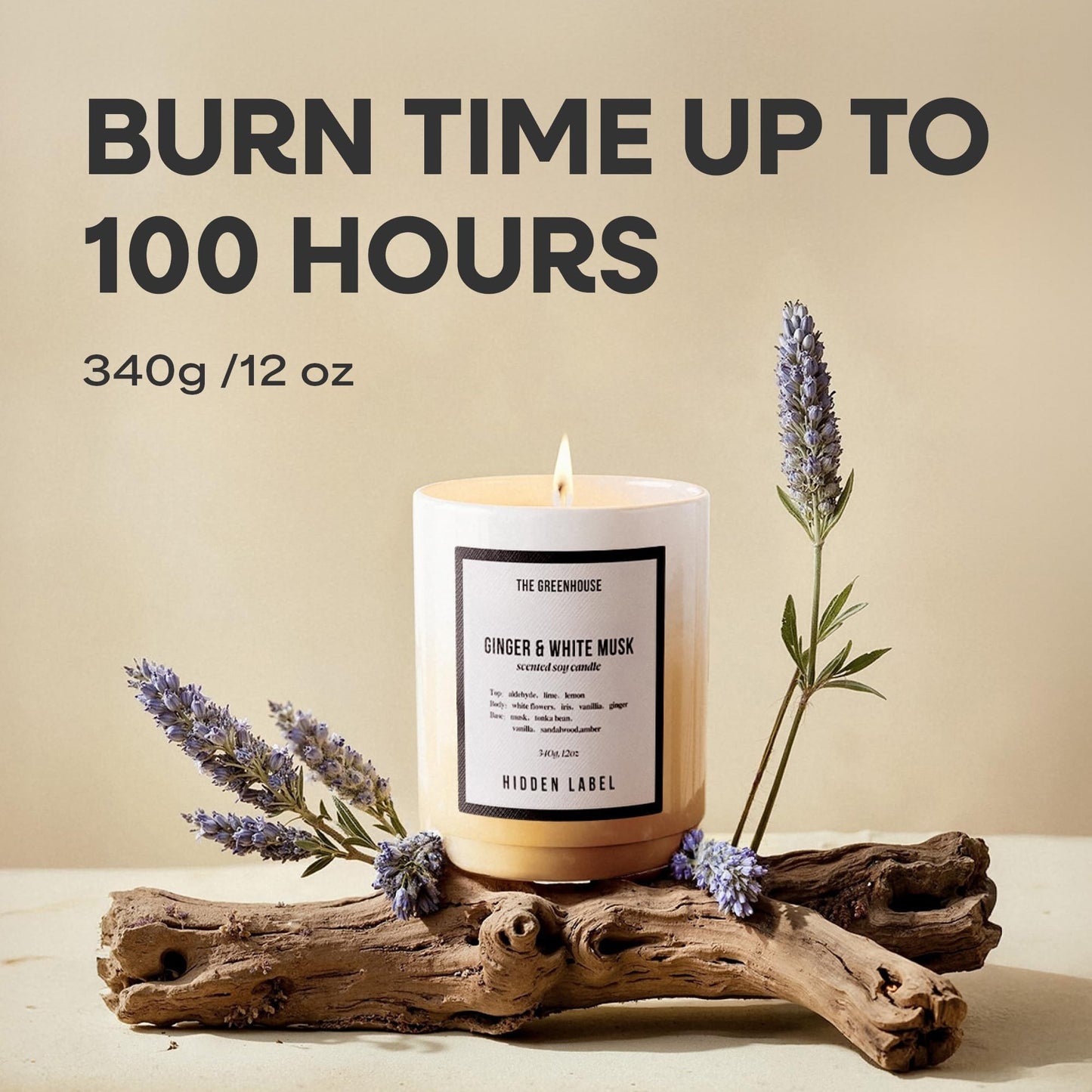 HIDDEN LABEL Ginger White Musk Scented Candle, 12oz Natural Soy Wax Cotton Wick, 75 Hour Long Lasting Burn, Aromatherapy for Home Stress Relief, Meditation, Yoga, Non-Toxic Relaxation Gift for Women