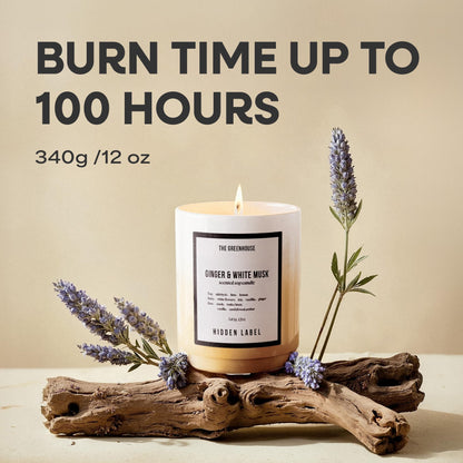 HIDDEN LABEL Ginger White Musk Scented Candle, 12oz Natural Soy Wax Cotton Wick, 75 Hour Long Lasting Burn, Aromatherapy for Home Stress Relief, Meditation, Yoga, Non-Toxic Relaxation Gift for Women