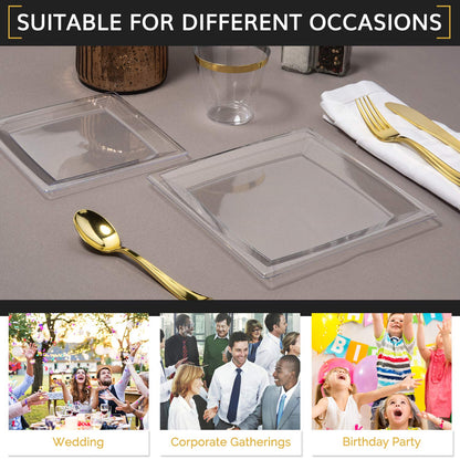 Oasis Creations Clear Square Plates Set 9" - 50 Count - Premium Hard Clear Plastic - Disposable and Reusable - Dinner - Salad - Party Plate Set - Weddings, Parties, Events & More!