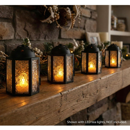VELA LANTERNS Mini Moroccan Tea Light Candle Holder Lanterns – 4.25" Small Decorative Lantern for Table or Hanging, Metal with Glass Panels – Ramadan, Wedding, Home Decor, Frosted Clear (Set of 4)