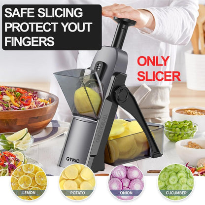 QYKIC Safe Mandoline Slicer Vegetable Chopper Potato Food Cutter,Thickness Adjustable 0.1-8 mm Veggie Dicer Kitchen Chopping Artifact for Fast Meal prep (White)