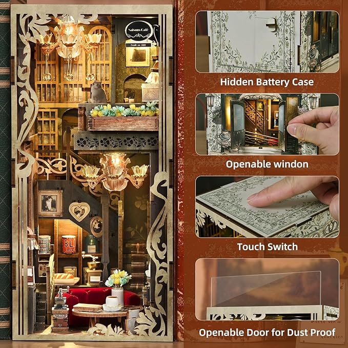 Book Nook Kit DIY Miniature Dollhouse Kit 3D Puzzles for Adults Tiny House Mini Home Craft Bookshelf Nook Puzzle Book Decor Gifts for Teenagers Book Lovers (Saisons Café)