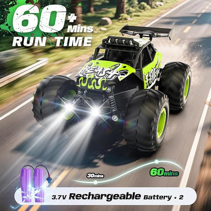 Remote Control Car All Terrain RC Cars with Speed Switch RC Truck with LED Headlight and Rechargeable Batteries 20KM/H Monster Truck Toys Gift for Boys 6-8 8-12 Green