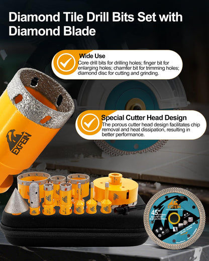 EXFEIN Diamond Core Drill Bits Set 13pcs - Diameter 1/4"(6mm) - 4"(102mm), 5/8-11" Thread Tile Hole Saw & Adapter & 4.5"(115mm) Diamond Blade for Porcelain Ceramic Marble Granite