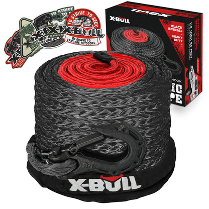 X-BULL Synthetic Winch Rope - Cable Kit -1/2" X 85ft 32000LBS Winch Line with Protective Sleeve Forged Winch Hook Safety Pull Strap go for 4WD Off Road Vehicle Truck SUV ATV UTV- Black