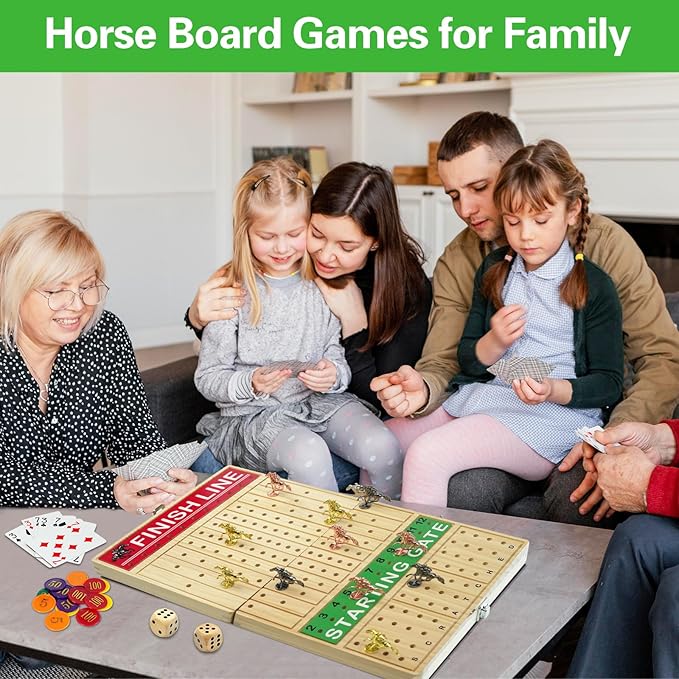 FUNNYB&ampG 21 inches Horse Race Board Game Foldable Large Horse Racing Game for Adults with 11 Metal Horses Solid Wood 60 Pcs Poker Chips 2 Dice 1 Pack of Cards for Family Tabletop Parties(Log)