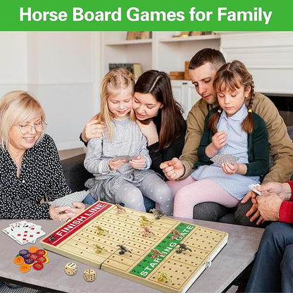 FUNNYB&ampG 21 inches Horse Race Board Game Foldable Large Horse Racing Game for Adults with 11 Metal Horses Solid Wood 60 Pcs Poker Chips 2 Dice 1 Pack of Cards for Family Tabletop Parties(Log)
