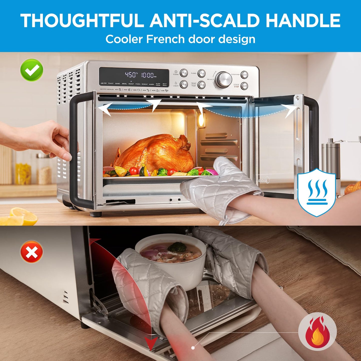 Midea Flexify Classic French Door Toaster Oven Air Fryer Combo, 10-in-1 Large Capacity 26.4 QT Countertop Oven, 25% Faster Cooking and 90% Less Oil, Stainless Steel