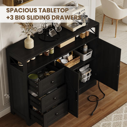IDEALHOUSE 47" Buffet Cabinet Sideboard, Farmhouse Coffee Bar with Open Shelf, 2 Doors and 3 Drawers, Wood Wine Bar Storage Cabinet with Built-in Charging Station for Dining Room Living Room- Black
