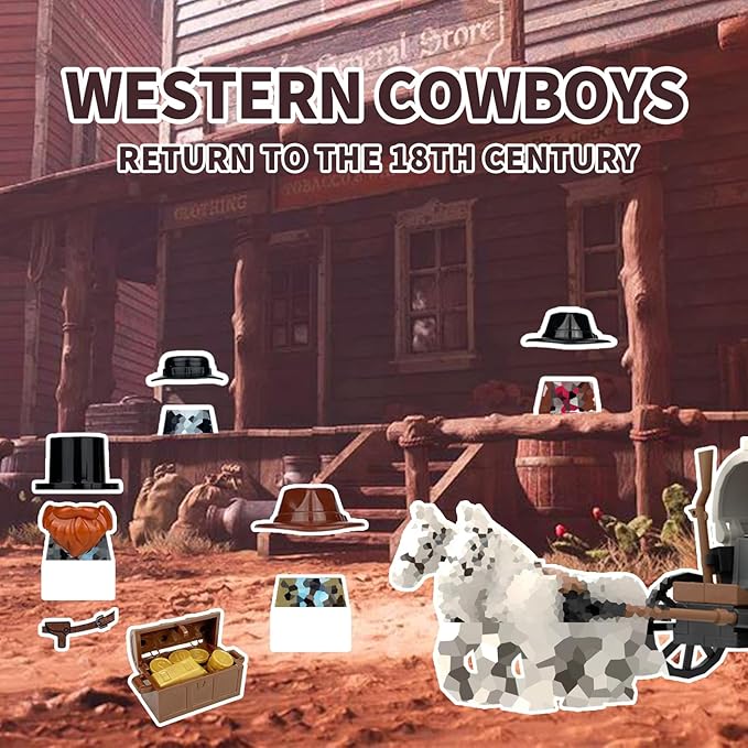 Western Cowboy Building Block Set Compatible with Lego 77012 Set 12 Cow Boy Figures &amp Gun Accessories Dark Wild West Horse White Carriage with Golden Bars &amp Coins Gold Robbery