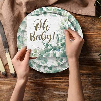 Sage Greenery Baby Shower Party Supplies Disposable Paper Plates Napkins Cups and Tablecloth for Boho Greency Party Decorations Serve 25.