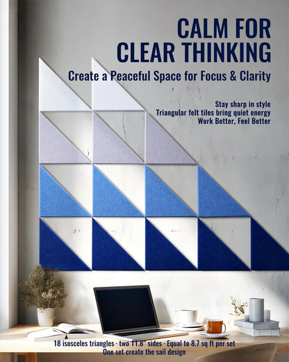 PebblingQ Felt Wall Tiles Bulletin Board, Marine Blue White Panels, Modular Decorative Boards for Home Office, Kids Room, Nursery, DIY Geometric Art Display, 18 Pack 11.8" Triangle Tiles (Marine)
