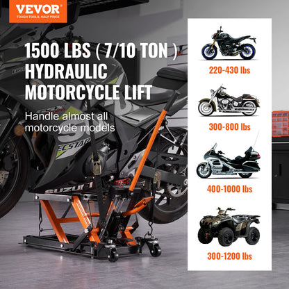 VEVOR Hydraulic Motorcycle Lift Jack 1500 LBS Capacity ATV Scissor Lift Jack Portable Motorcycle Lift Table with 4 Wheels Hydraulic Foot-Operated Hoist Stand for Motorcycle ATV UTV Powersports