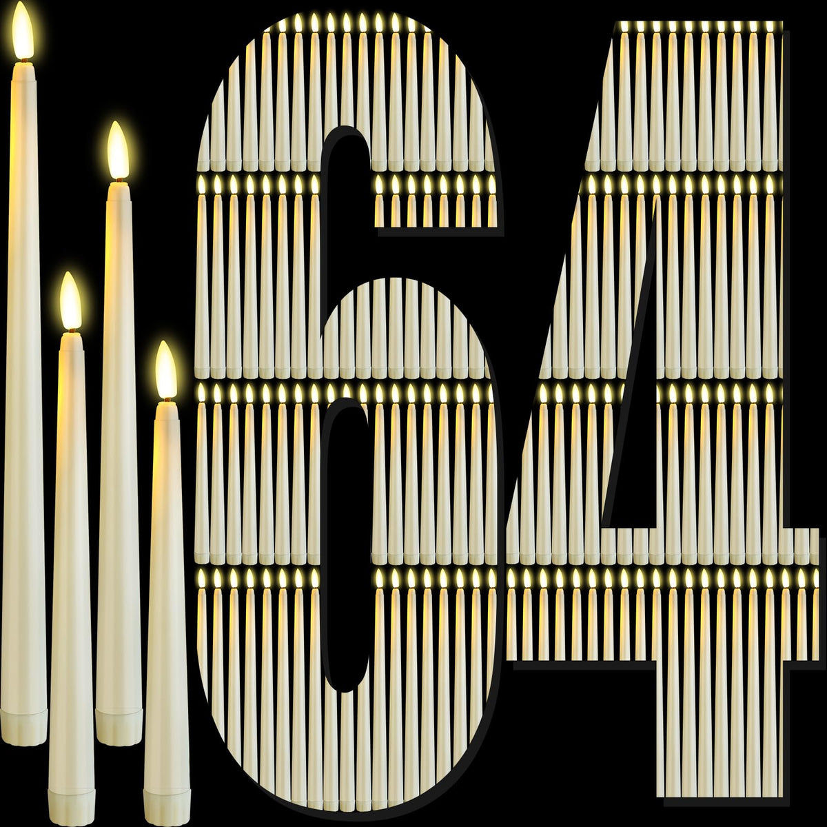 Rossesay 64 Pcs Wedding Flameless LED Taper Candles Battery Operated Candles 4 Sizes of 8.5'', 9.65'', 10.83'', 12.8'' Candlesticks Flickering for Halloween Christmas Church Wedding(Ivory White)