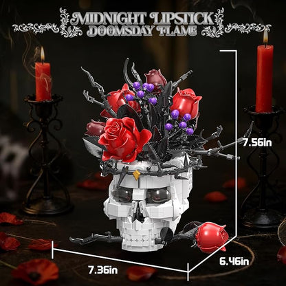 Skull Roses Flowers Building Set for Adults Gothic Horror Skeleton with Red Bouquet Botanical Collection Home Art Decor Gift for Women Girls