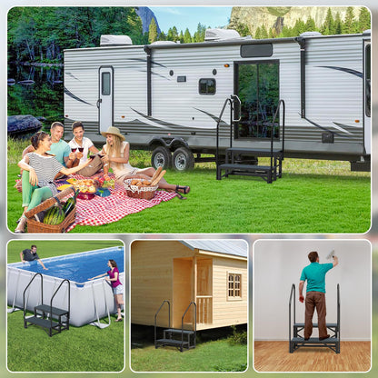 Rv Steps with Handrail 2 Step, Hot Tub Steps with Anti-Slip Mats, Heavy Duty Metal Mobile Home Stairs, Camper Steps for Travel Trailer,Portable Step Ladder for Spa, Pool and Porch