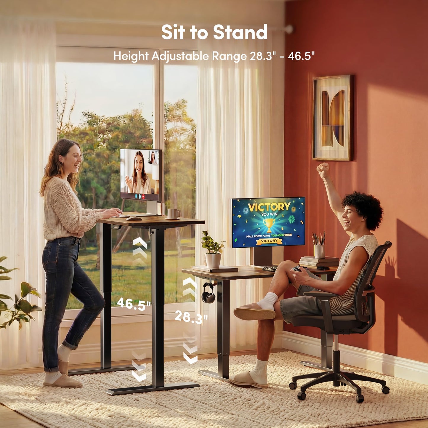 FEZIBO Standing Desk, 55 × 24 Inches Electric Height Adjustable, Sit Stand Up, Computer Office Desk with Splice Board, Black Frame/Rustic Brown TOP